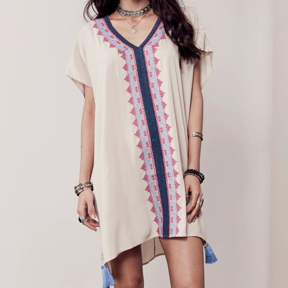 Love Stitch Boho Cream Dress with Blue & Pink Embroidery & Tassels